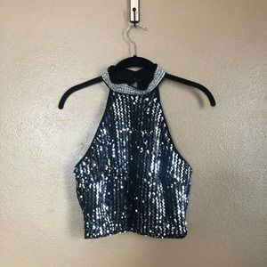 Haute Monde Sequin / Fur Halter Crop Top Size S